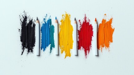 A collection of colored pencil dust and strokes in black, blue, yellow, red, and orange, arranged with white pencils.