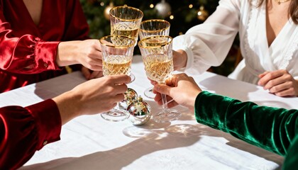 Friends toasting with champagne glasses at a Christmas party. People celebrating a festive holiday together. New Year's Eve celebration concept