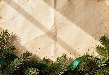 Christmas holiday background with fir branches on vintage parchment paper. Festive flat lay composition with gold glitter and copy space for text