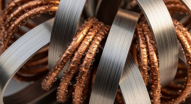 Creative modern sculpture combining metallic strands and droplets in an artistic arrangement