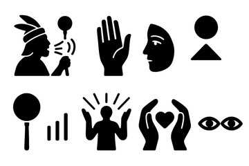 Obraz premium Guided Journey Icons. Solid style icons of guided journey roles: Shaman Chanting, Assistant Hand, Healer Gaze, Holding Space
