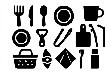 Picnic Utensils Icons. Solid style icons of Picnic utensils: fork, knife, spoon, cup, plate, bottle opener, tongs, cutting board,
