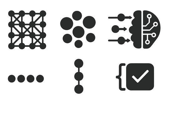 Pattern Recognition Components. Solid style icons of pattern recognition components: Neural Network Grid, Data Cluster Nodes,