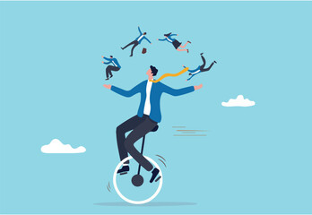 People management or HR, human resources, diversity or inclusive, career and recruitment concept, smart skillful businessman manager riding unicycle balance juggling team members diversify people.
