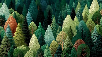 Dense Forest of Stylized Evergreen Trees in Various Greens and Browns pine photo
