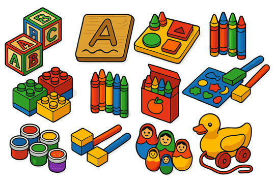 Colorful Toy Collection. Isometric vector illustration set abc blocks, puzzles, crayons, and more: engraved alphabet blocks,
