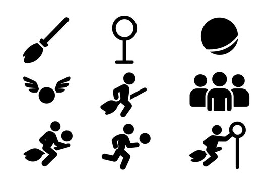 Magical Game Icons. Solid style icons of Magical-Themed Game: Broomstick, Hoop, Bludger, Snitch Runner, Goal Post, Player, Team,