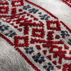 High‑Resolution Close‑Up of a Belarusian Embroidered Rushnyk Featuring Red and Gray Striped Folk Motifs and Symbolic Ornamental Geometry knitted wool sweater