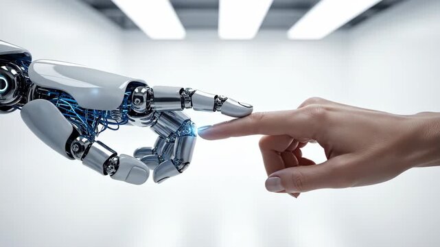 Robotic hand touching human finger in futuristic setting with blue glowing light