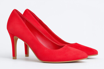 Elegant red high heels made of soft suede material, featuring a sleek design and pointed toe, perfect for formal occasions and enhancing stylish outfits with a touch of glamour