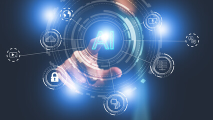 Hand touching glowing AI interface surrounded by futuristic icons for cloud, data, security, communication, automation, representing artificial intelligence systems, smart technology integration.