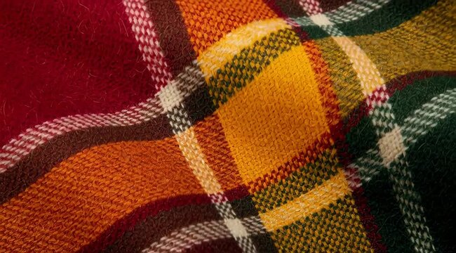 Detailed close-up reveals a traditional woven tartan pattern with rich, warm tones and intricate