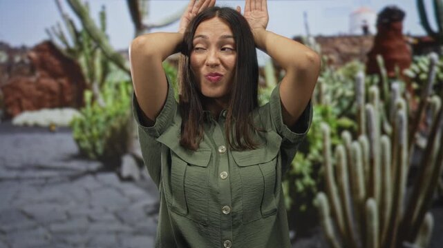 Woman smiling with hands behind head and forearms visible in street park with cactus plants; playful curiosity.