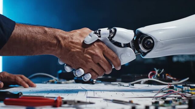 Human and robot shake hands in a partnership of technology and innovation