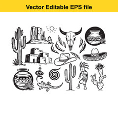 Collection of black and white handdrawn elements representing the american southwest, including cacti, buildings, and skull