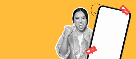 A young woman expresses strong emotions, clenching her fists with a fierce look. Beside her is a blank phone screen, showing interaction stats. The background is bright yellow, enhancing the mood.