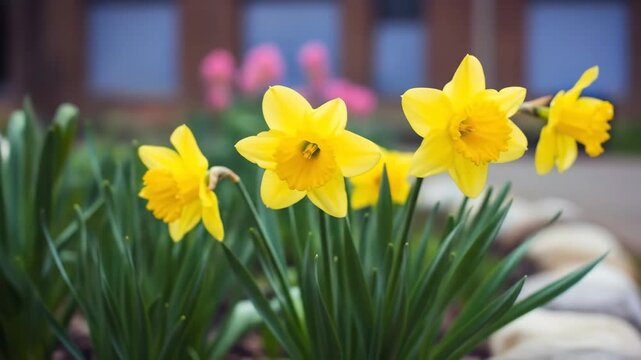 Close-up of yellow daffodils with orange cups, green foliage, and blurred background