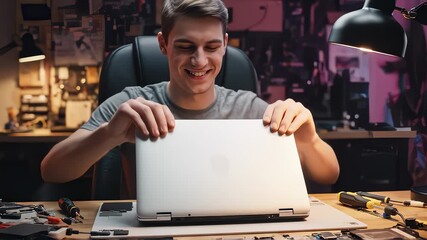 Technician Repairing Laptop Computer With Screwdriver in Workshop