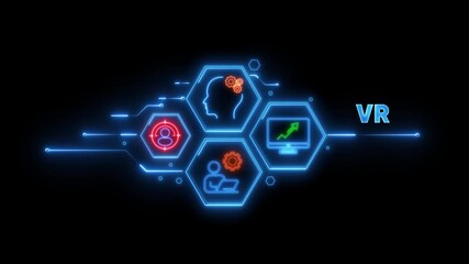 Neon VR icon set with glowing lines on black background virtual reality technology - Powered by Adobe