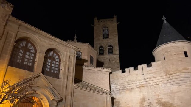 Castillo e iglesia de Olite iluminados por la noche, Navarra