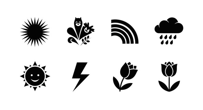 Minimalist black silhouette icons of nature and weather elements