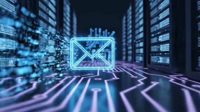 Illuminated Email Symbol Amidst a High-Tech Circuitry Background Representing Modern Digital Communication and Technology Advancements in Data Transfer