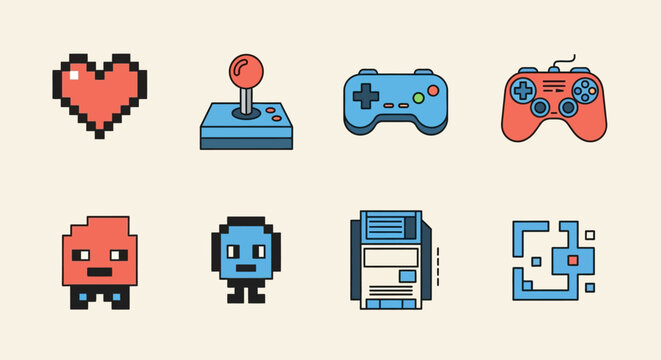 Retro gaming icons set featuring pixel art style with joystick and game elements