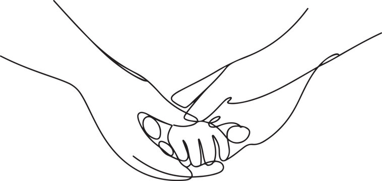 One continuous line drawing of baby kid hand holding mom dad parents hands. son daughter grab mommy daddy hand. one line Icon drawing with white background