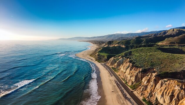 Aerial View Of The Coastal Path Along Ellwood Mesa Bluffs Goleta California Overlooking The Beach Without People