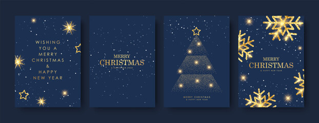 Merry Christmas and Happy New Year! Festive vector illustration of snowflakes and stars on a blue background. Luxurious brochure covers, greetings, posters, and holiday vector illustrations.
