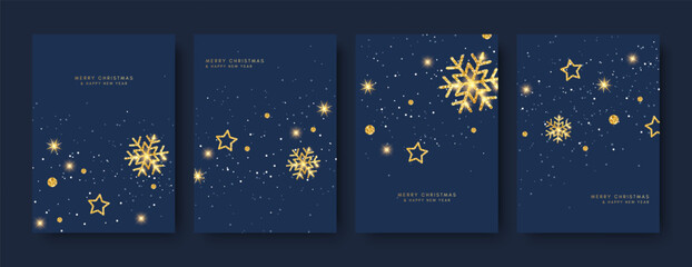 Merry Christmas and Happy New Year! A luxurious festive vector illustration of snowflakes and stars on a blue background. A set of postcards and brochures.