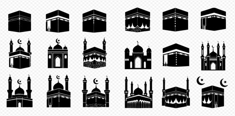 A collection of black and white illustrations of the Kaaba and mosques, representing Islamic architecture and religious symbols.