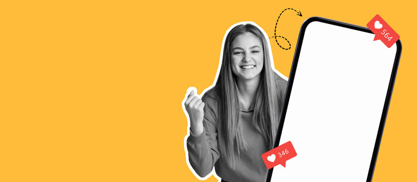 A joyful individual expresses excitement while looking at a phone. The background is bright yellow, enhancing the mood. Social media notifications add a modern touch to the scene.