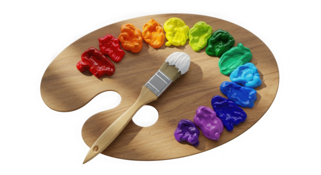 Wooden artist's palette with vibrant paint colors and paintbrush