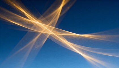 Abstract background with glowing golden light streams in motion. Dynamic energy flow on a blue backdrop. Futuristic technology and communication concept