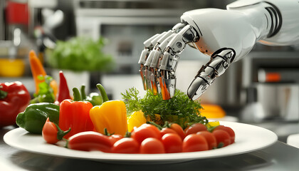 Robotic arm expertly plates colorful salad on pristine white plate in modern kitchen. Advanced automation prepares gourmet meal culinary tech