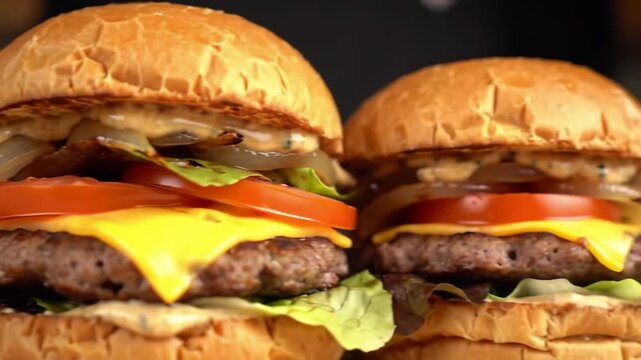 Stacked gourmet burgers on wood with dark backdrop, for restaurant menus
