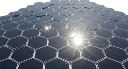 Hexagonal honeycomb pattern reflecting bright light isolated on transparent background