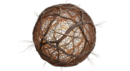 Abstract sphere made of intertwined branches and twigs, isolated on transparent background