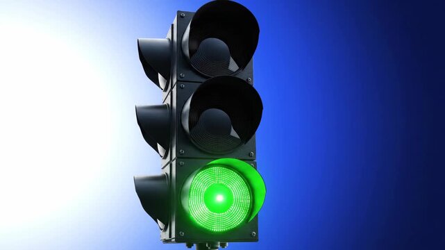 Traffic light sequence: red, yellow, green signals changing on a vertical pole against a blue gradient background
