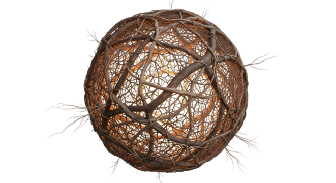 Abstract sphere made of intertwined branches and twigs, isolated on transparent background