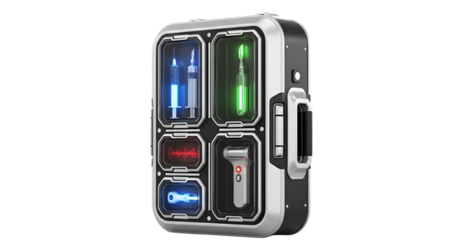 Futuristic portable power cell with glowing energy modules isolated on transparent background