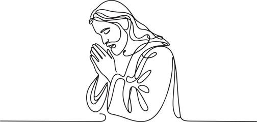 Jesus Christ praying, drawn with one continuous line. Christian symbol of Easter and Christmas in a simple line style. one line Icon drawing with white background