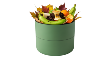 Compost bin filled with organic waste, isolated on transparent background