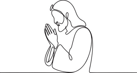 Jesus Christ praying, drawn with one continuous line. Christian symbol of Easter and Christmas in a simple line style. one line Icon drawing with white background