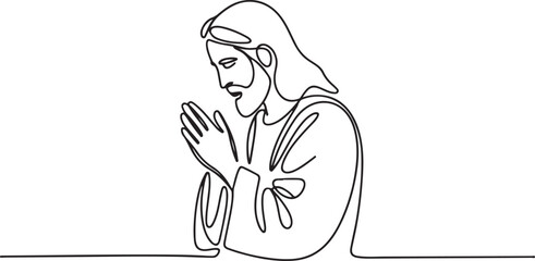 Jesus Christ praying, drawn with one continuous line. Christian symbol of Easter and Christmas in a simple line style. one line Icon drawing with white background