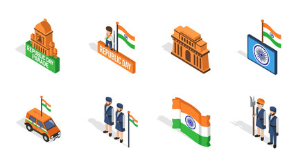 Fototapeta premium Republic day isometric icons featuring parade, monuments, and national flags