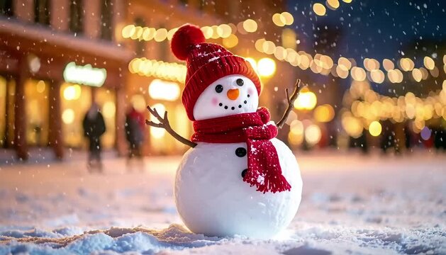 Adorable snowman wearing a red scarf and hat dancing in softly falling snow. Perfect festive image for holiday cards, seasonal designs, and winter promotions.