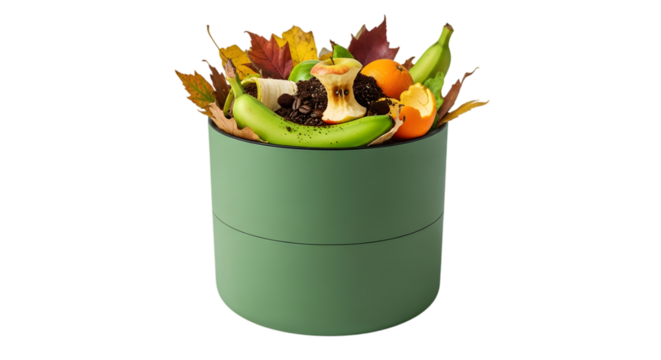 Compost bin filled with organic waste, isolated on transparent background