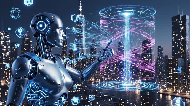 Futuristic female robot interacts with glowing digital data cylinder over city skyline at night
